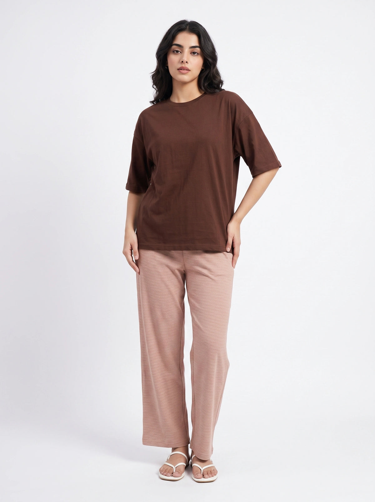 Drop Shoulder Cotton PJ Set - Mocha Stripe