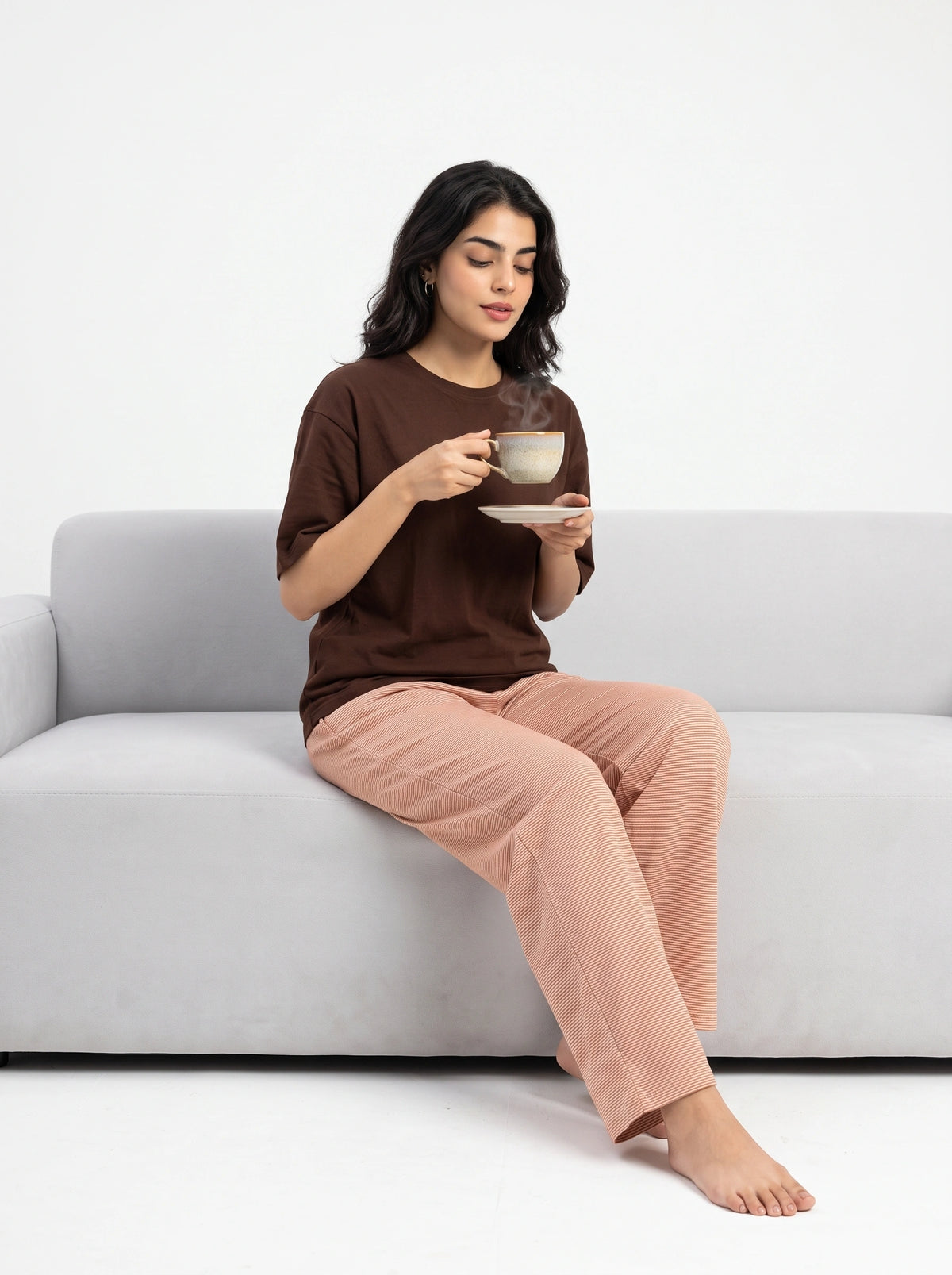 Drop Shoulder Cotton PJ Set - Mocha Stripe