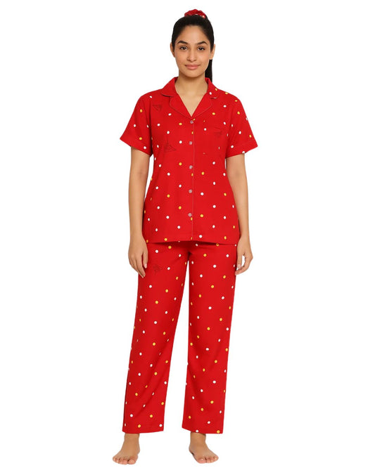 Sajiero Linen Pajama Suit with Scrunchie - Cozy Dots