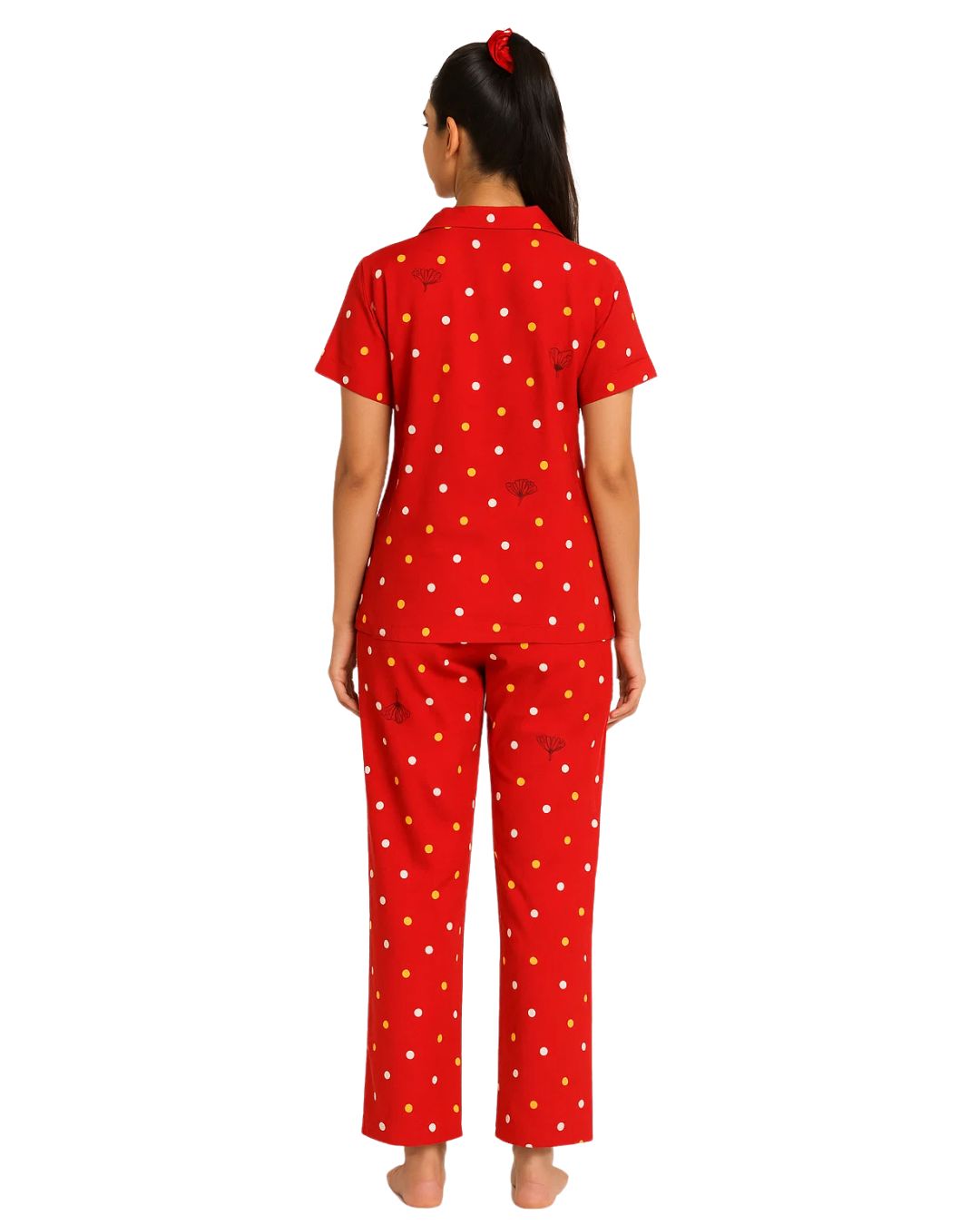 Sajiero Linen Pajama Suit with Scrunchie - Cozy Dots