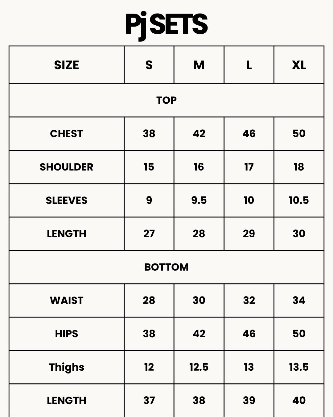 Size Chart for Linen PJ Set - Golden Bow