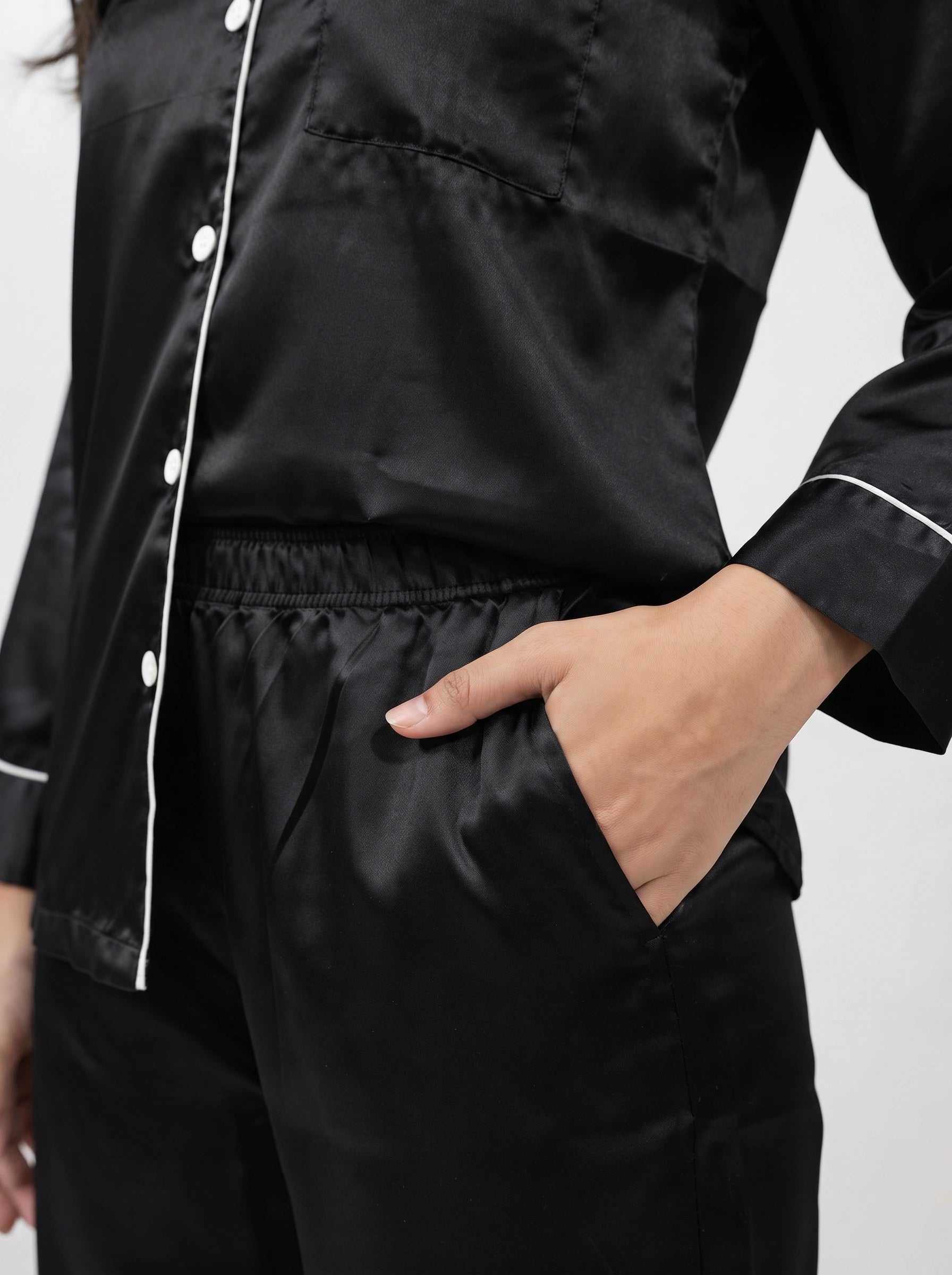 Satin Silk Pajama Suit - Noir - Black