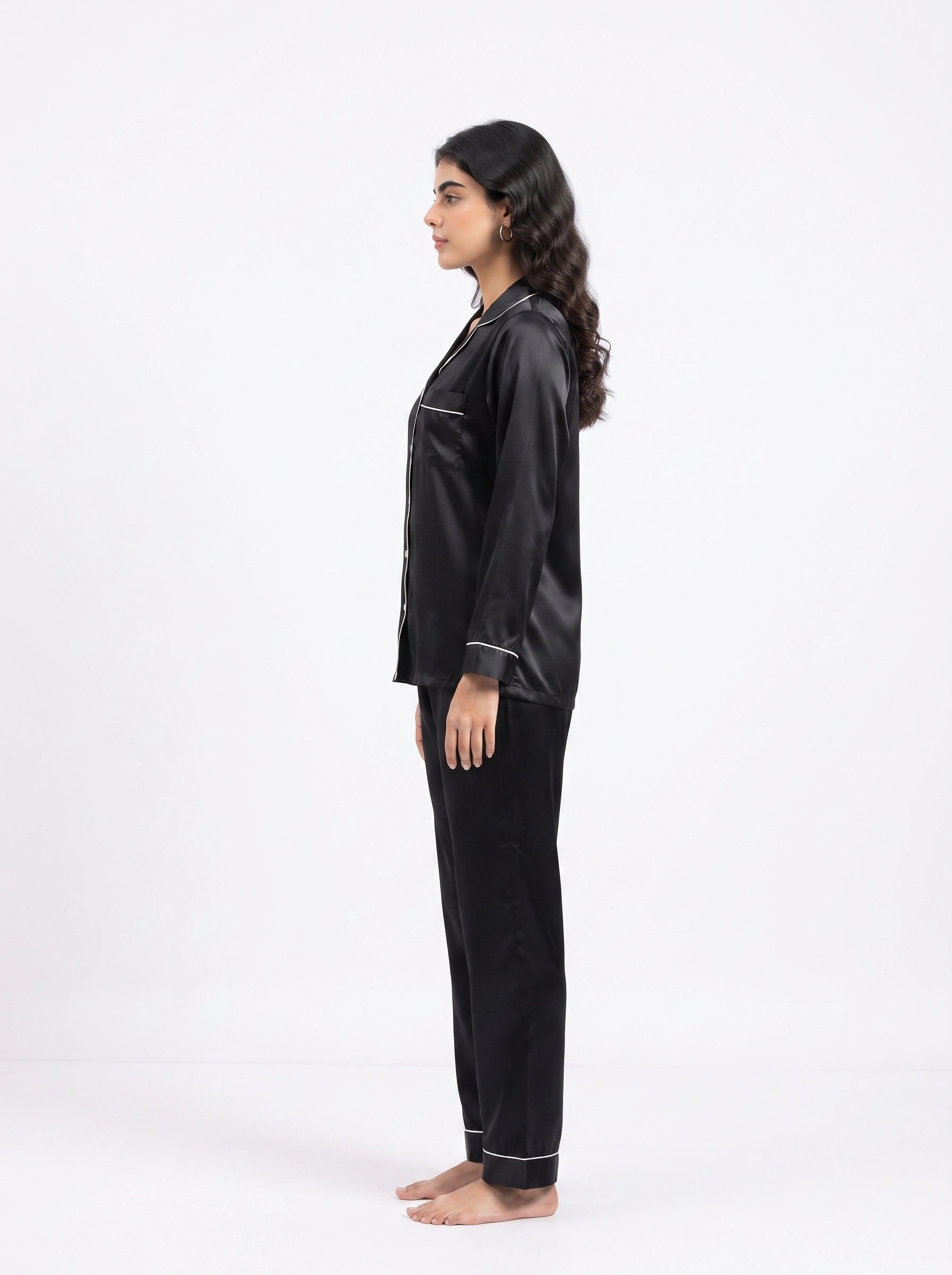 Satin Silk Pajama Suit - Noir - Black