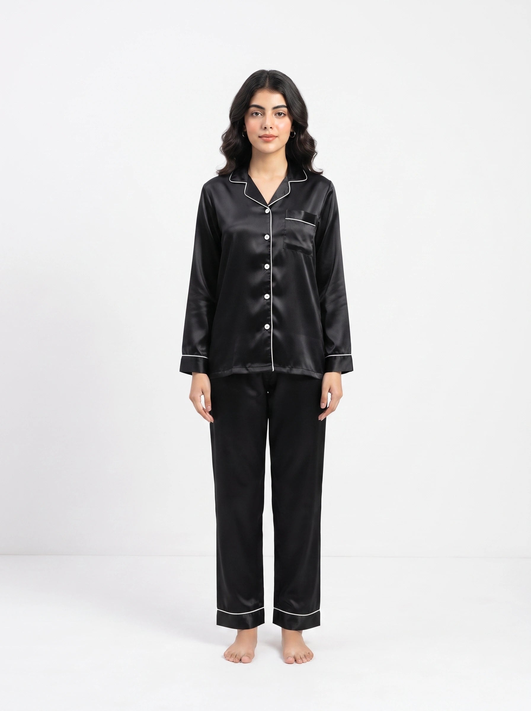 Satin Silk Pajama Suit - Noir - Black