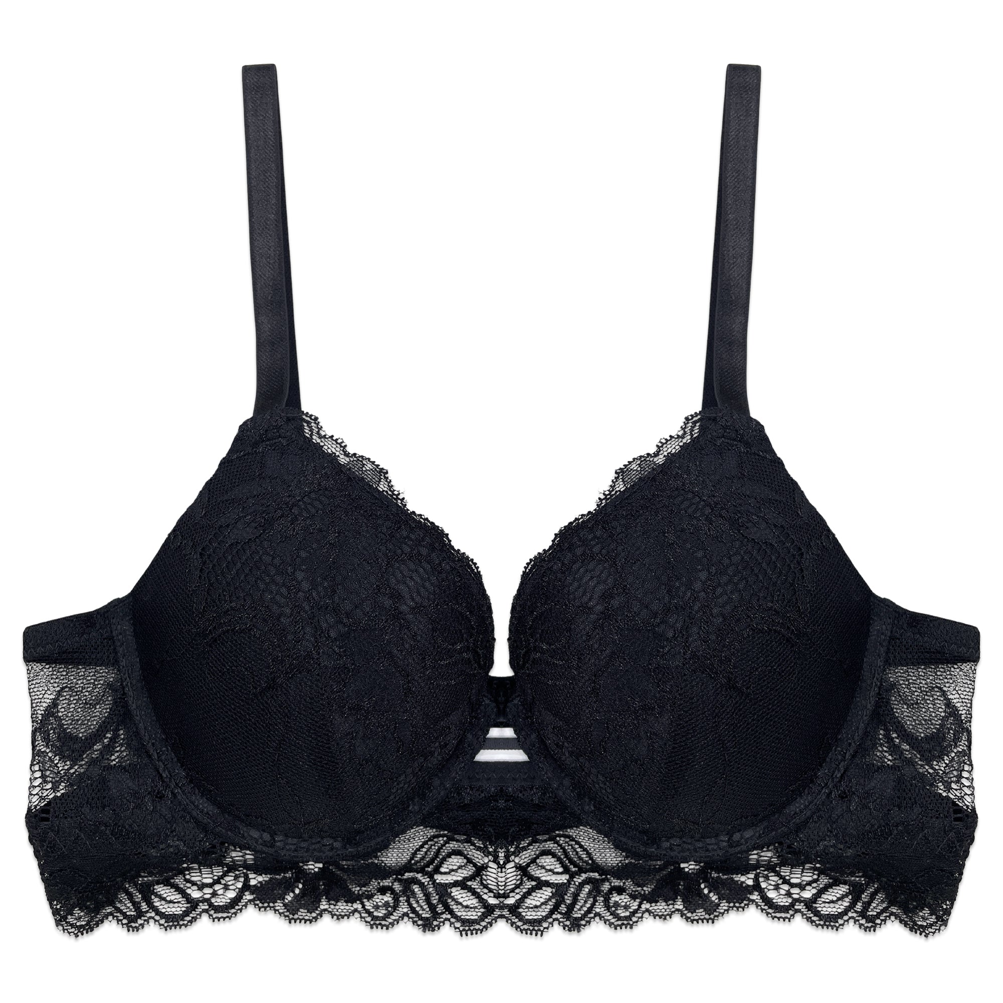 Black lace bra on a white background