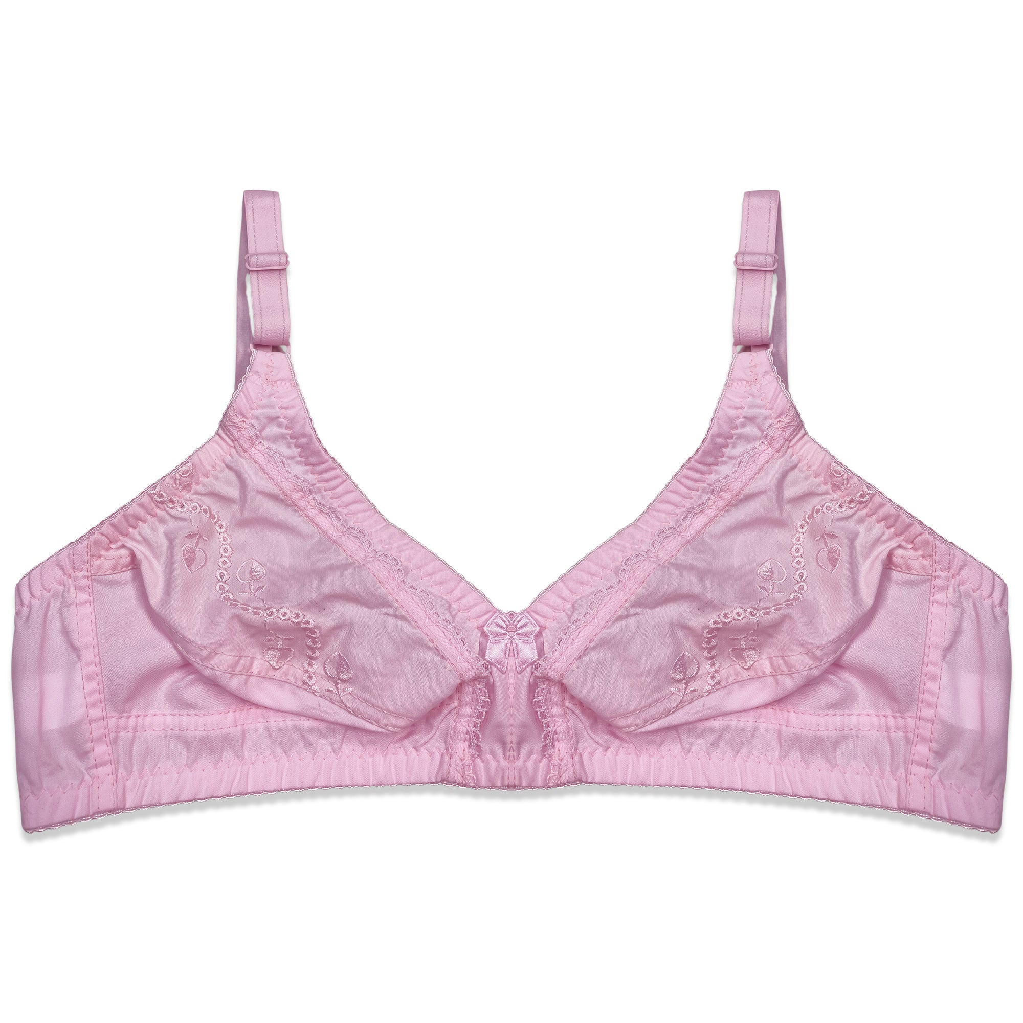 Pink bra with lace details on a white background