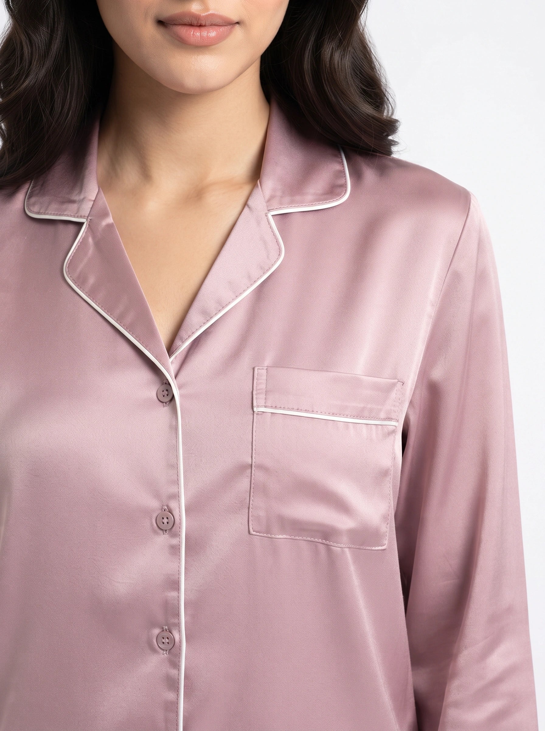 Satin Silk Pajama Suit - Noir - Pink