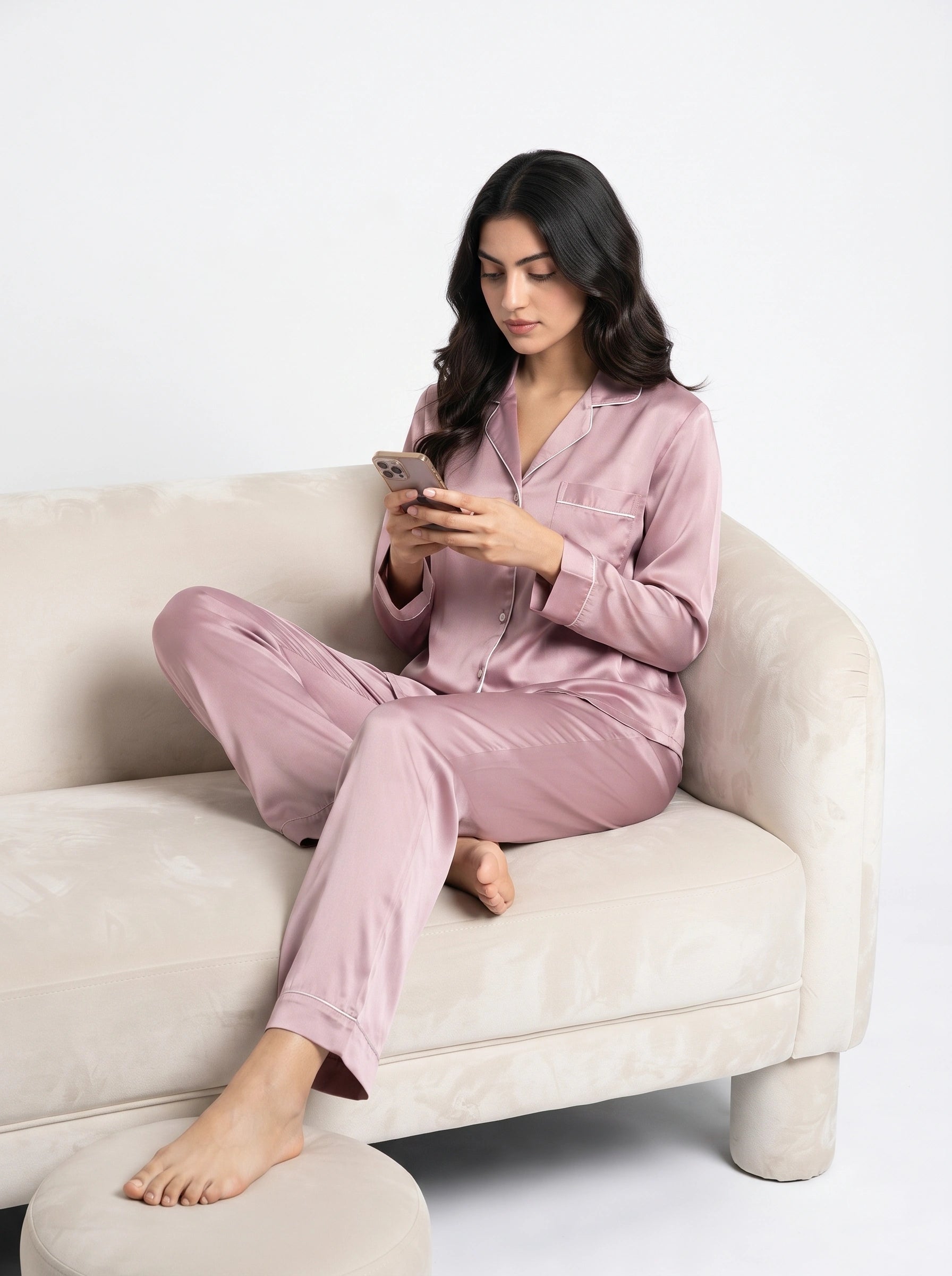 Satin Silk Pajama Suit - Noir - Pink