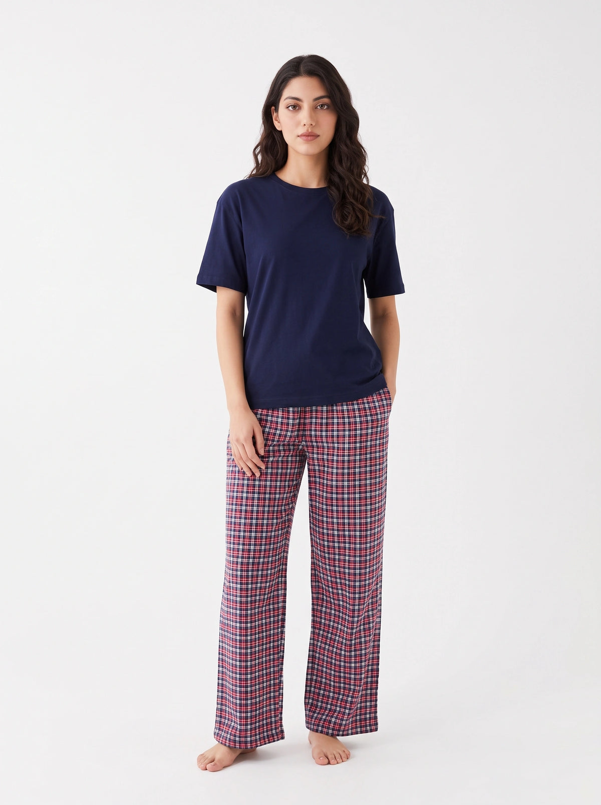 Drop Shoulder Cotton PJ Set - Plaid Comfort