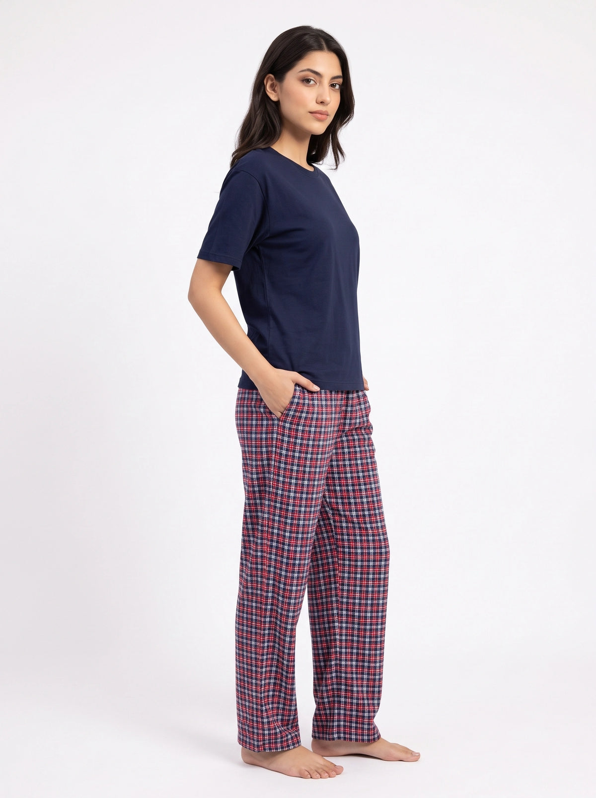 Drop Shoulder Cotton PJ Set - Plaid Comfort