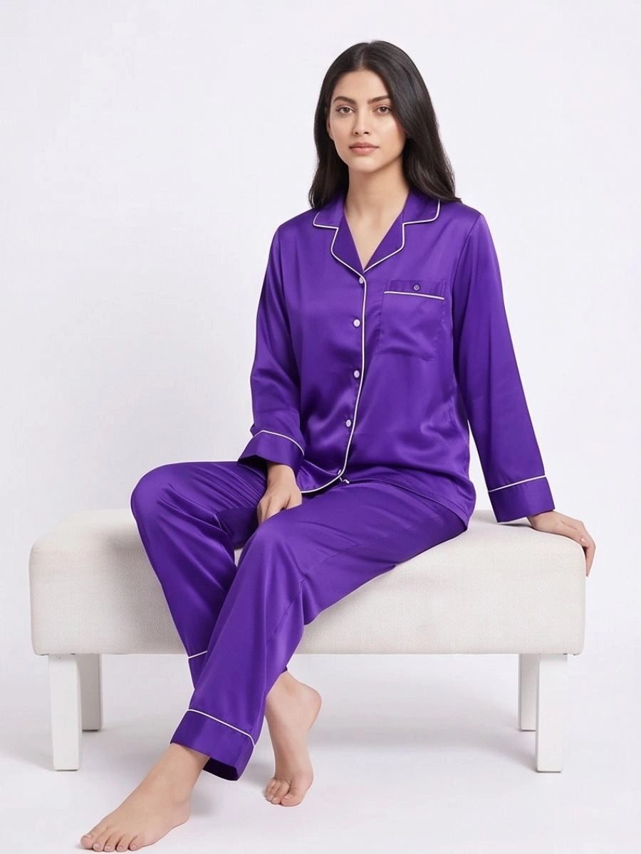 Satin Silk Pajama Suit - Noir - Purple