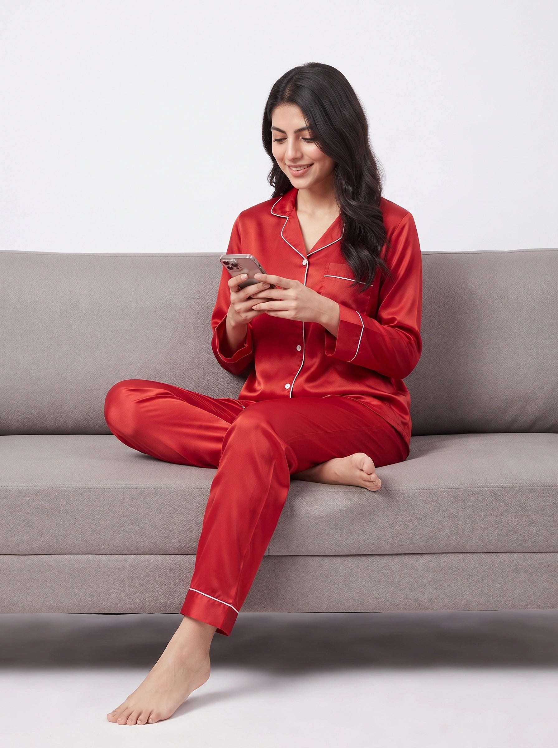 Satin Silk Pajama Suit - Noir - Red