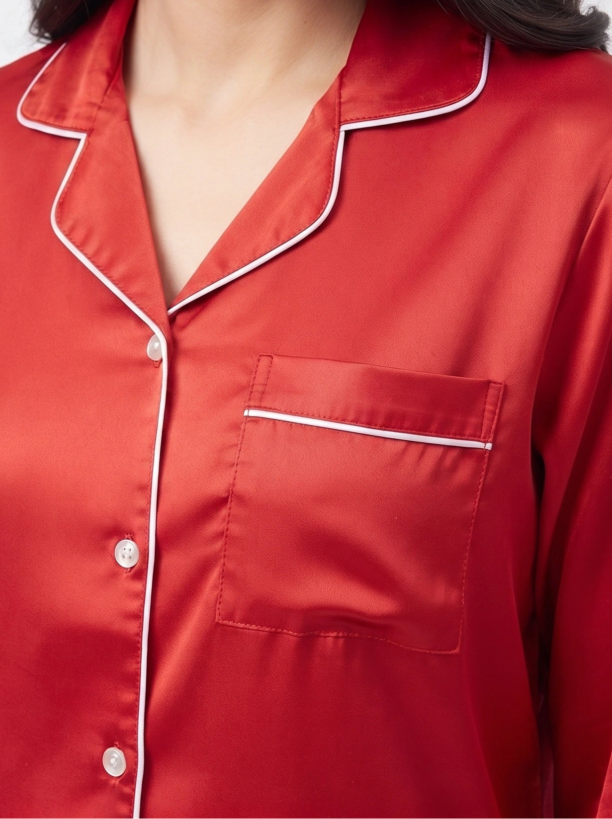 Satin Silk Pajama Suit - Noir - Red