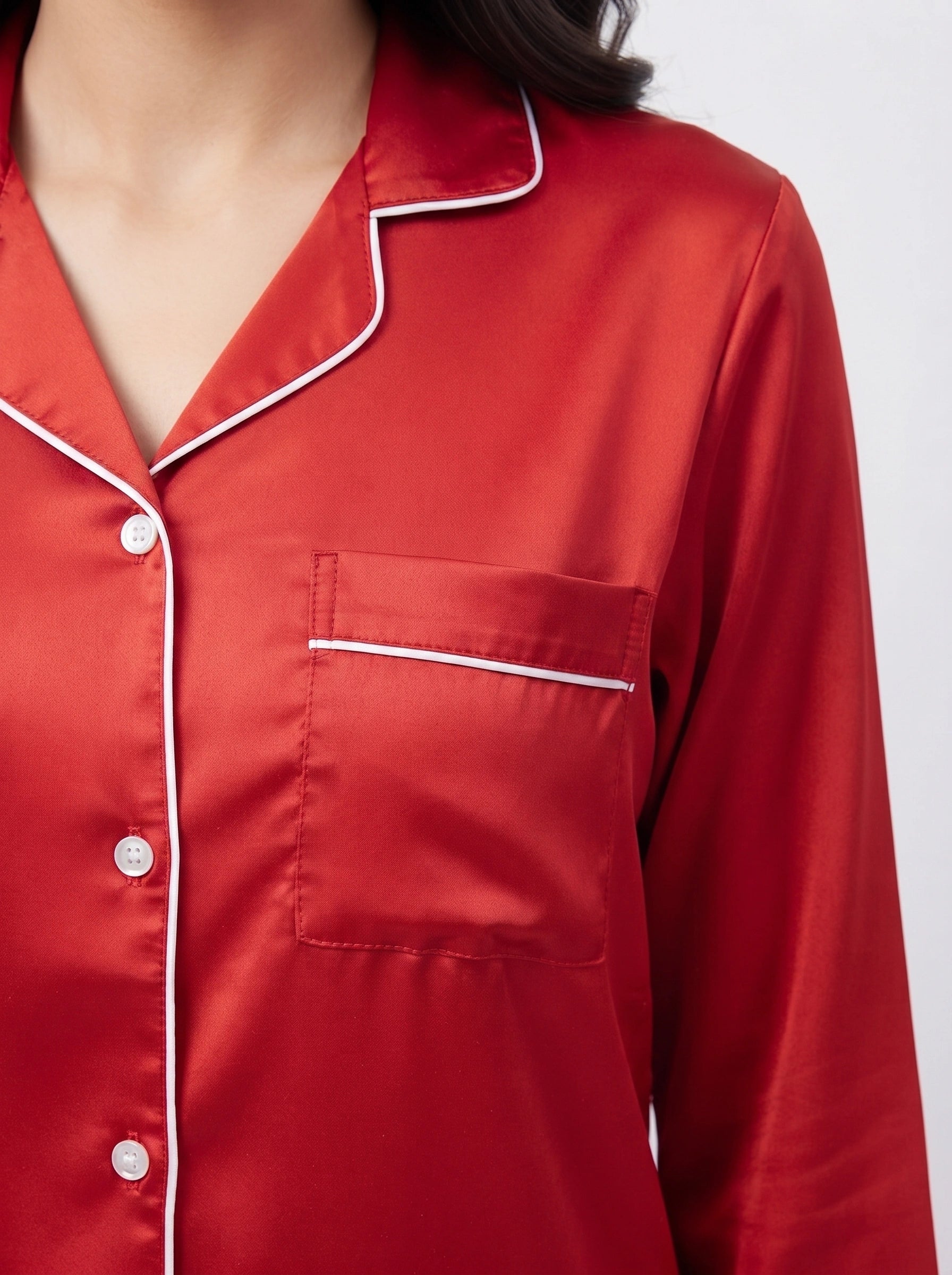 Satin Silk Pajama Suit - Noir - Red