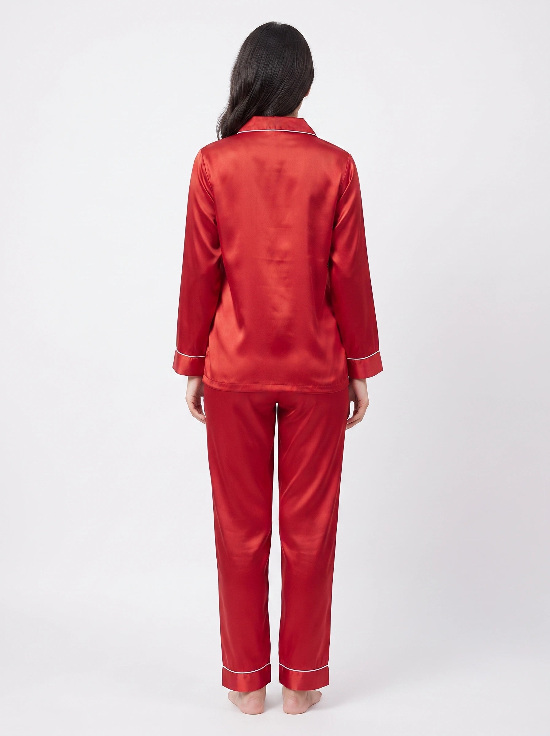 Satin Silk Pajama Suit - Noir - Red