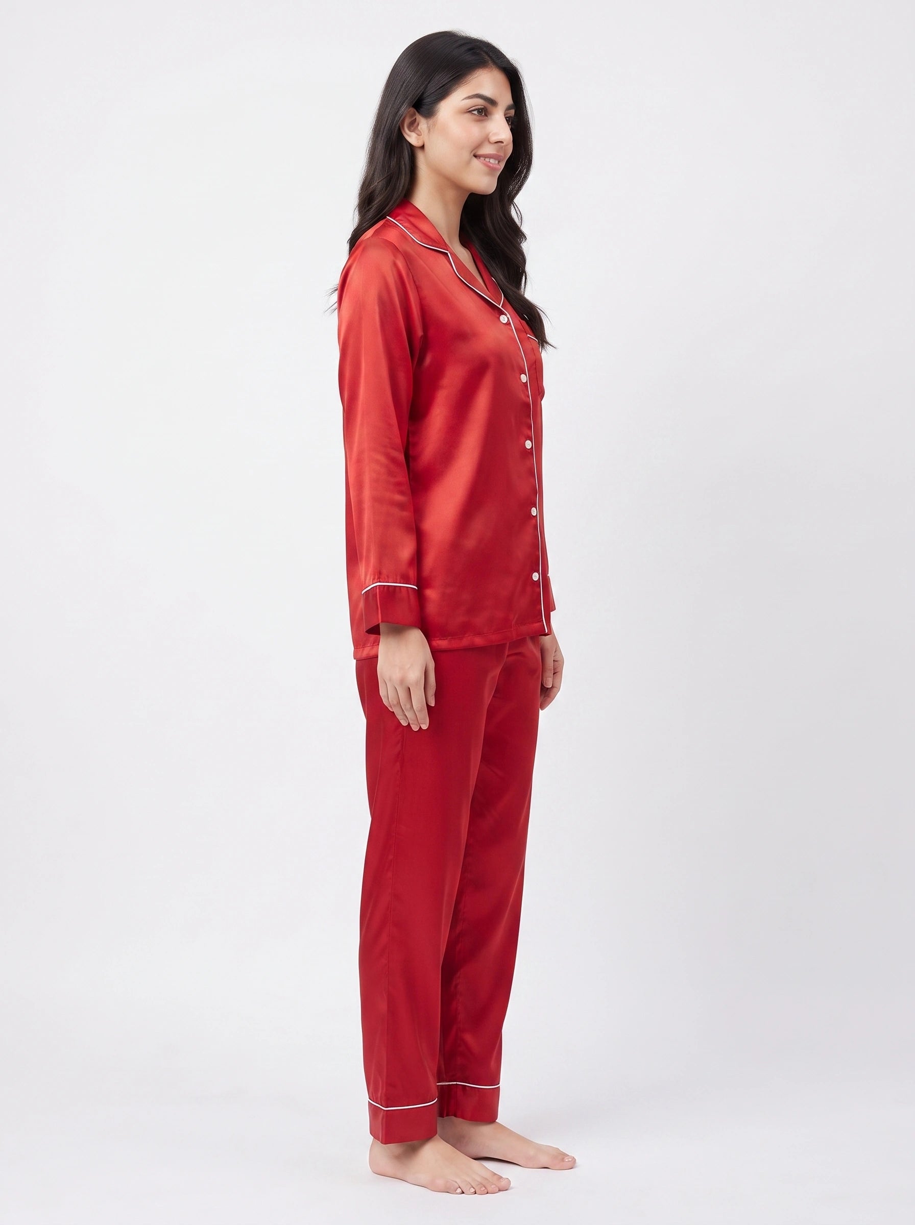 Satin Silk Pajama Suit - Noir - Red