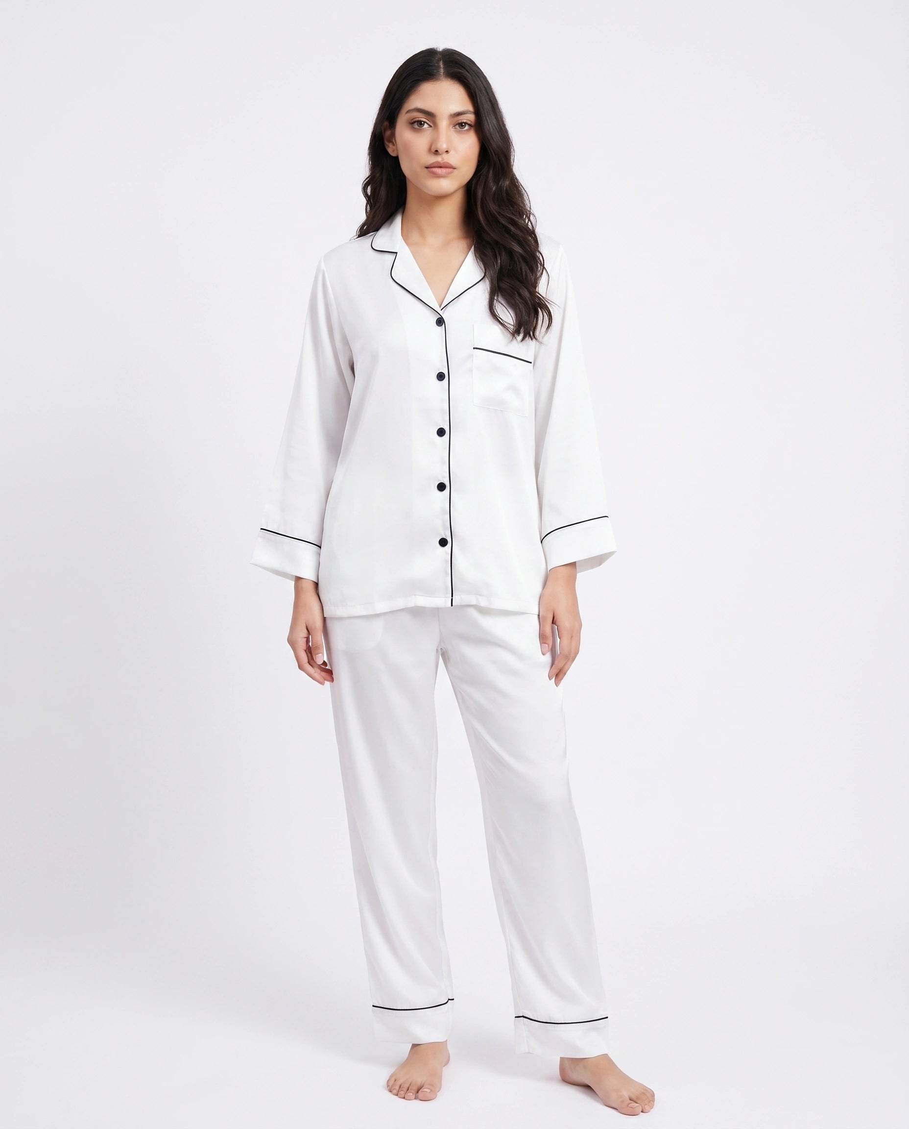 Satin Silk Pajama Suit - Noir - White