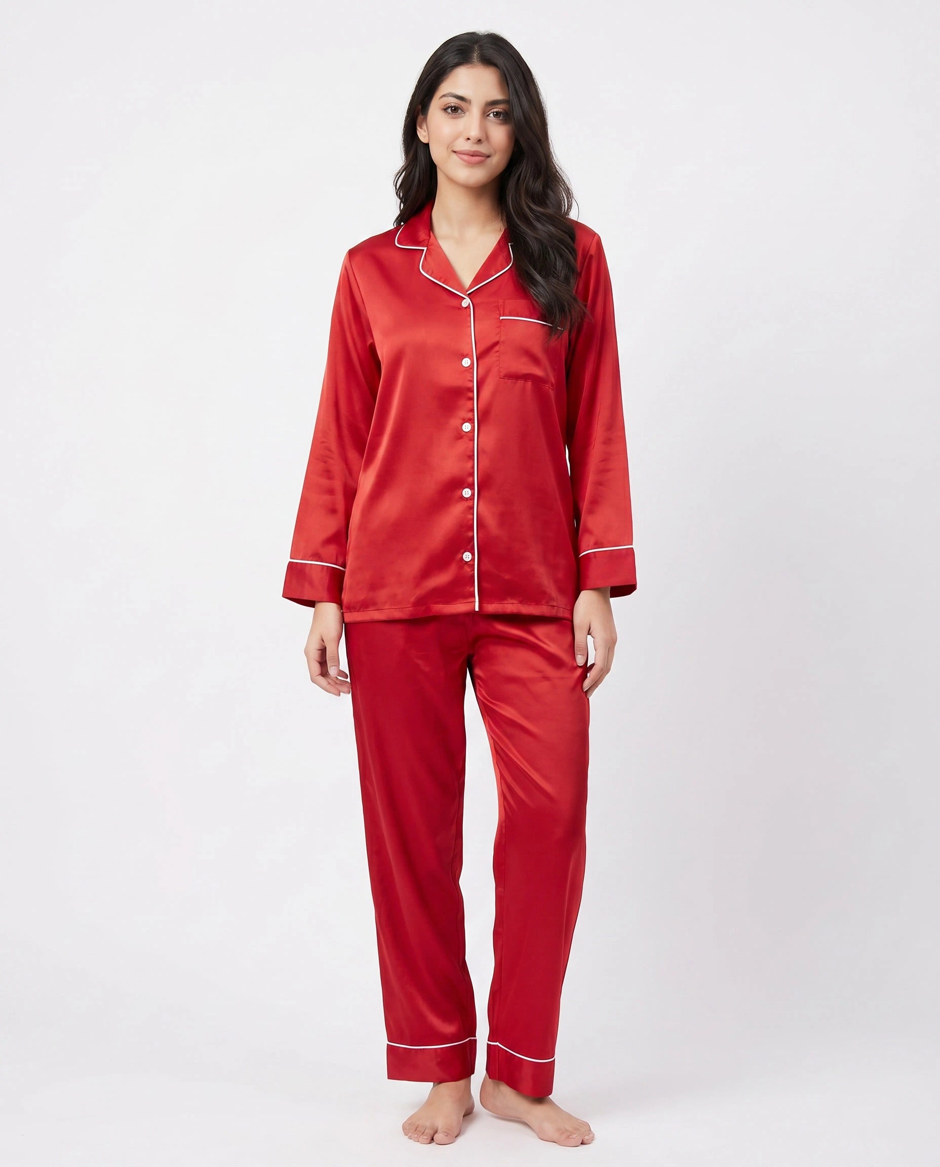Satin Silk Pajama Suit - Noir - Red