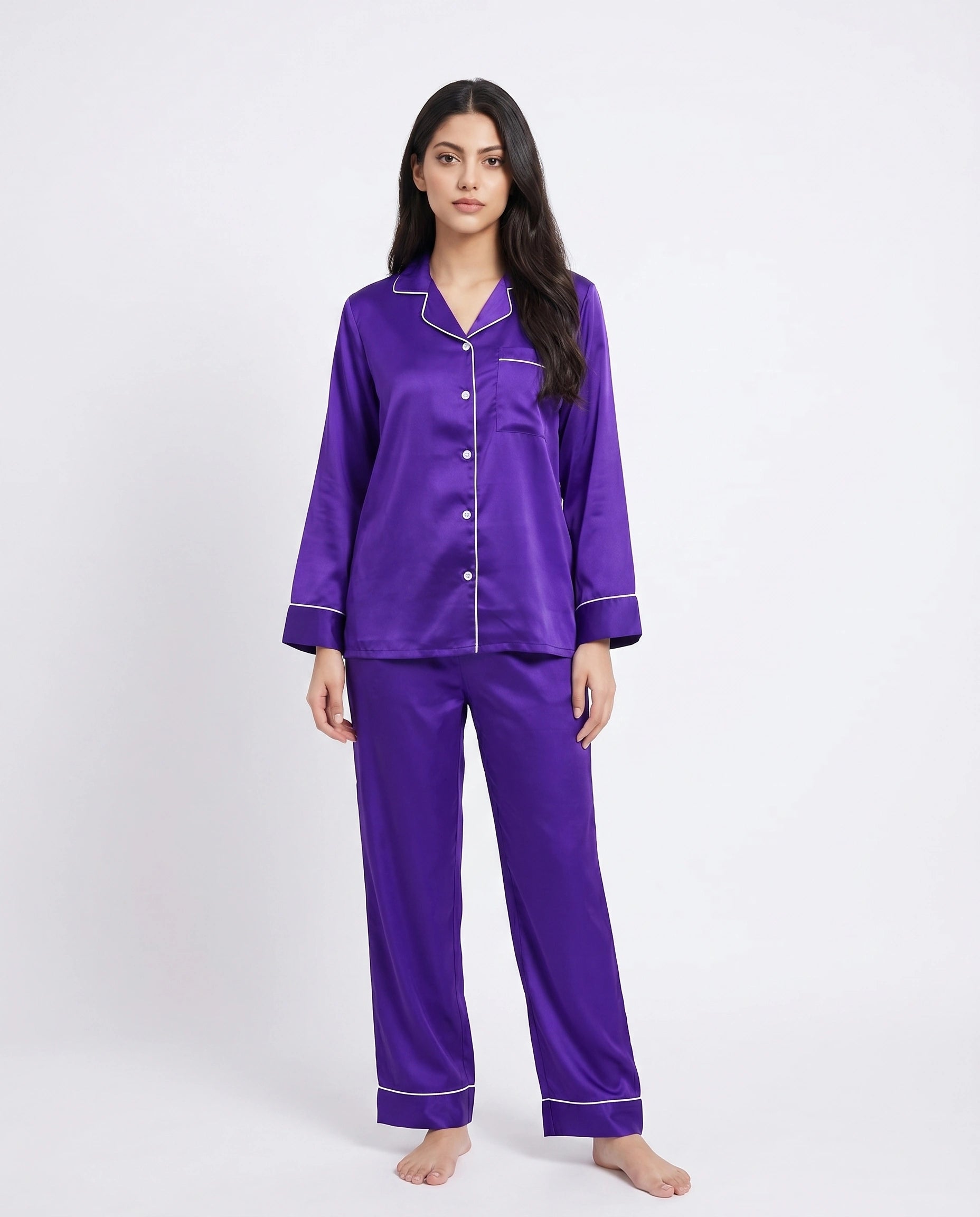 Satin Silk Pajama Suit - Noir - Purple