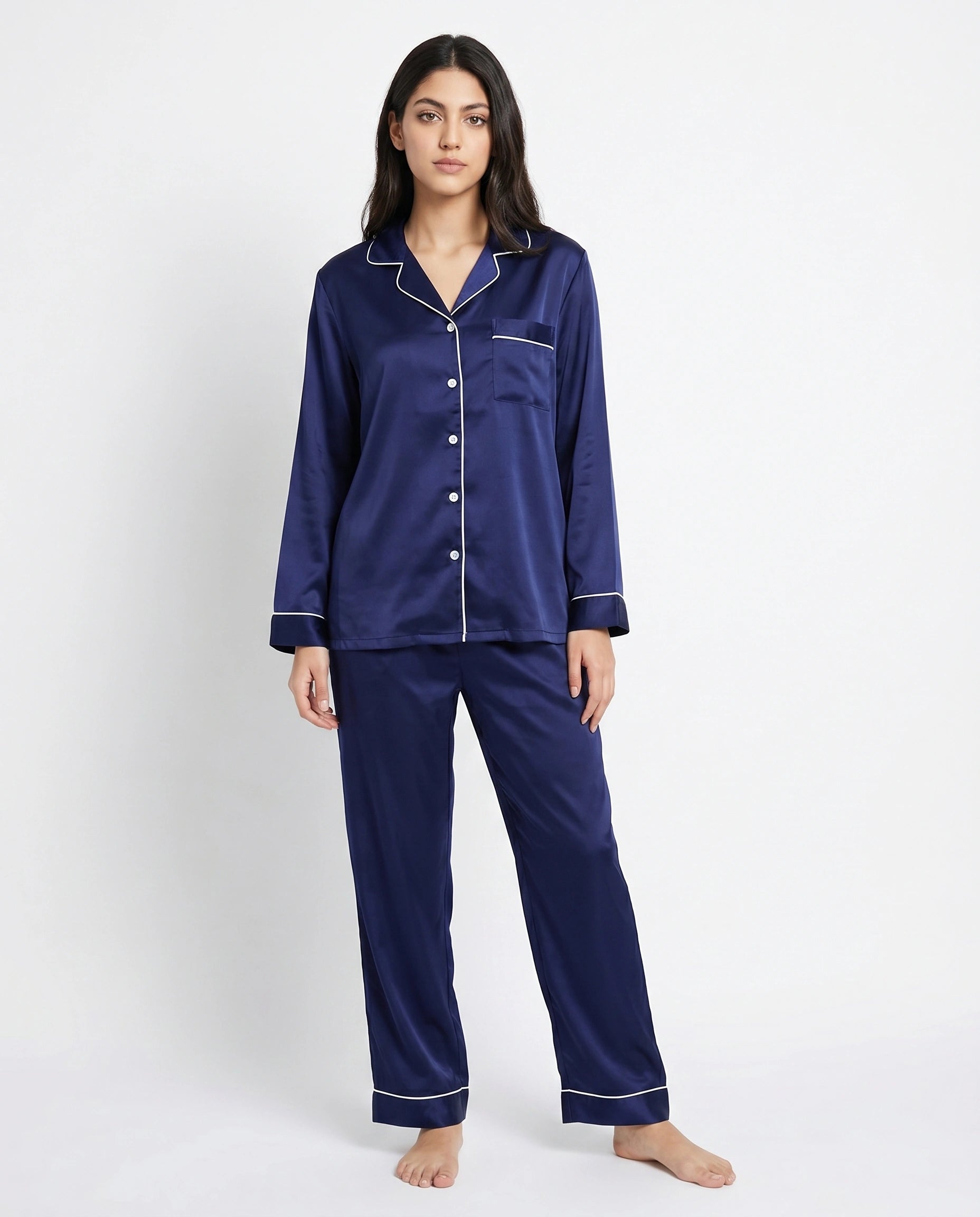 Satin Silk Pajama Suit - Noir - Navy Blue