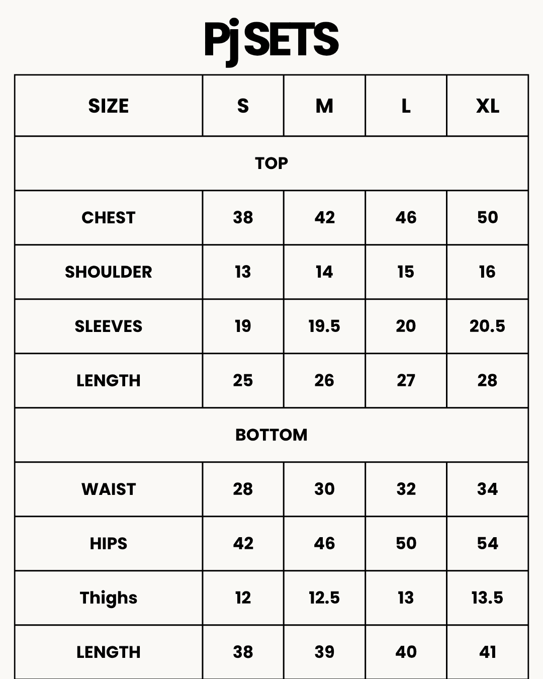 Size Chart for Satin Silk Pajama Suit - Noir - White