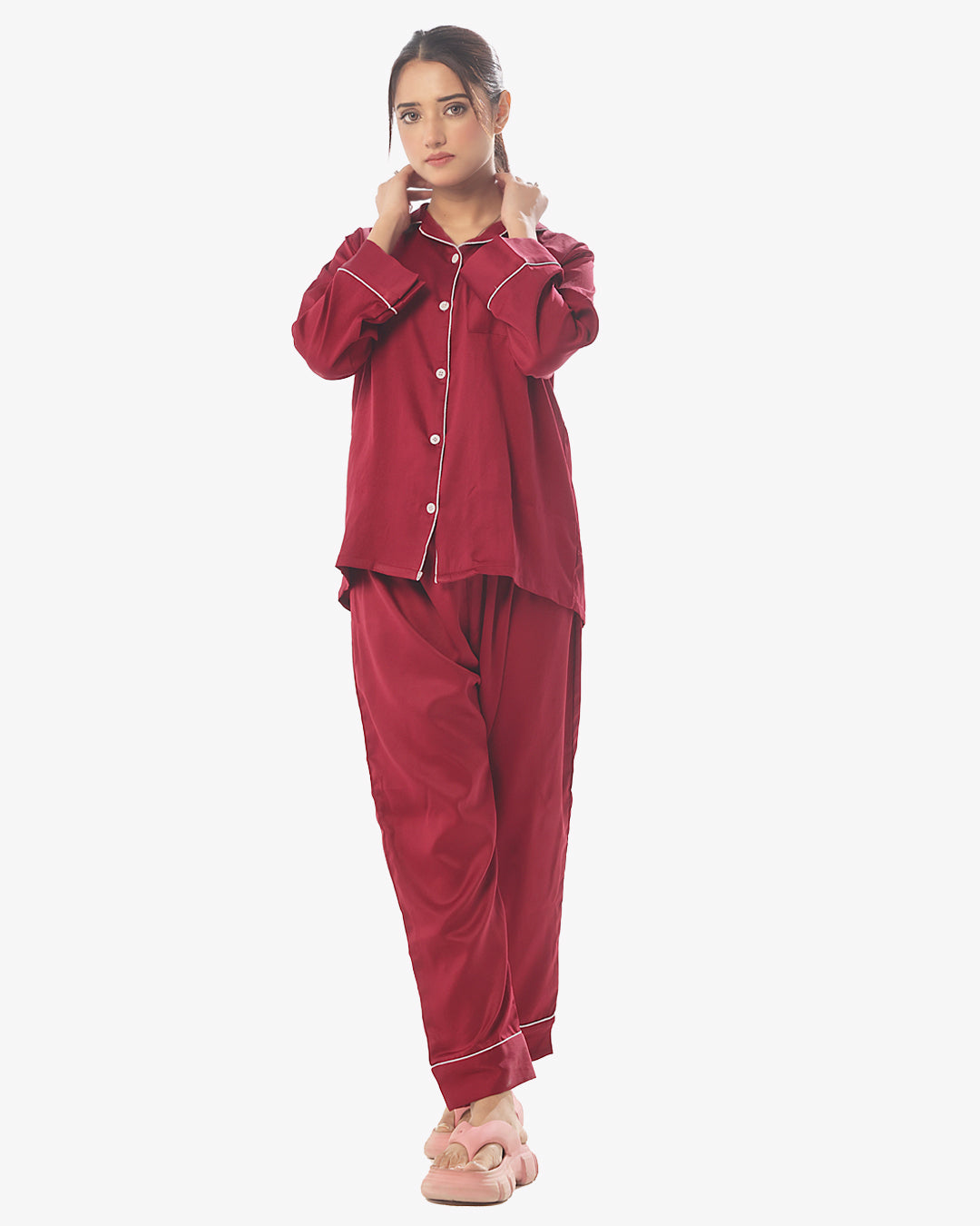 Sajiero Silk Pajama Suit with Scrunchie - Pearl