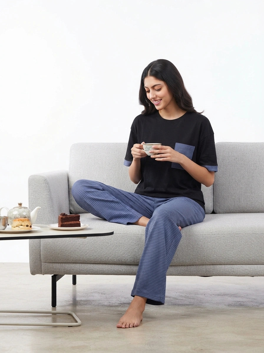 Drop Shoulder Cotton PJ Set - Softly - Light Blue