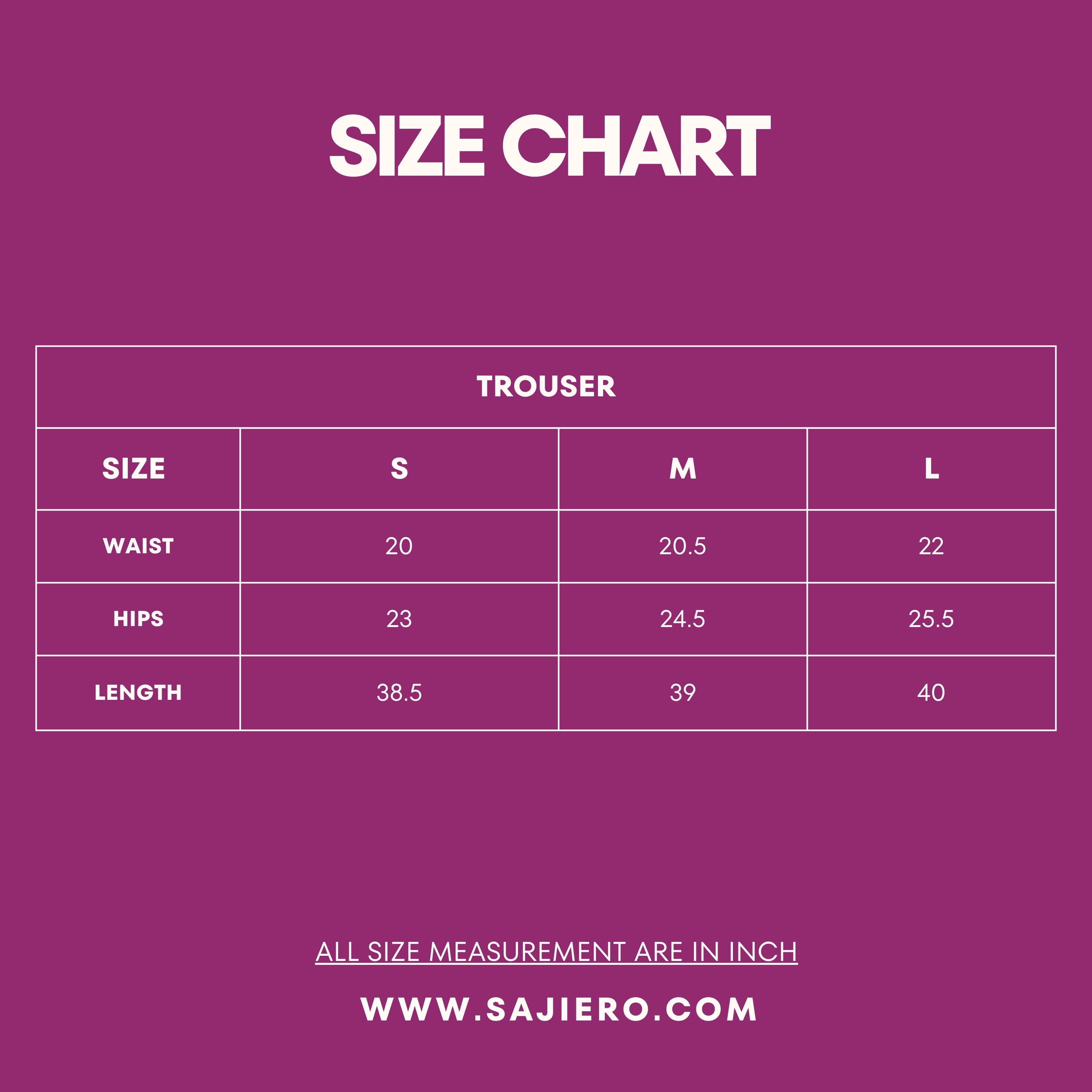 Size chart for trousers with measurements on a purple background