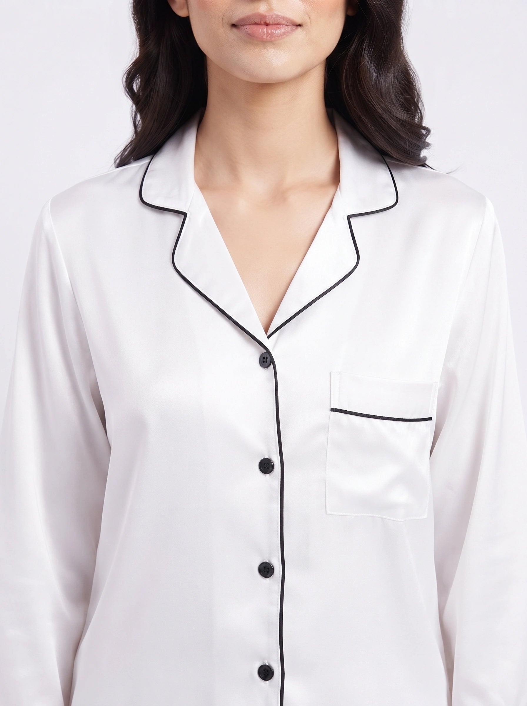 Satin Silk Pajama Suit - Noir - White