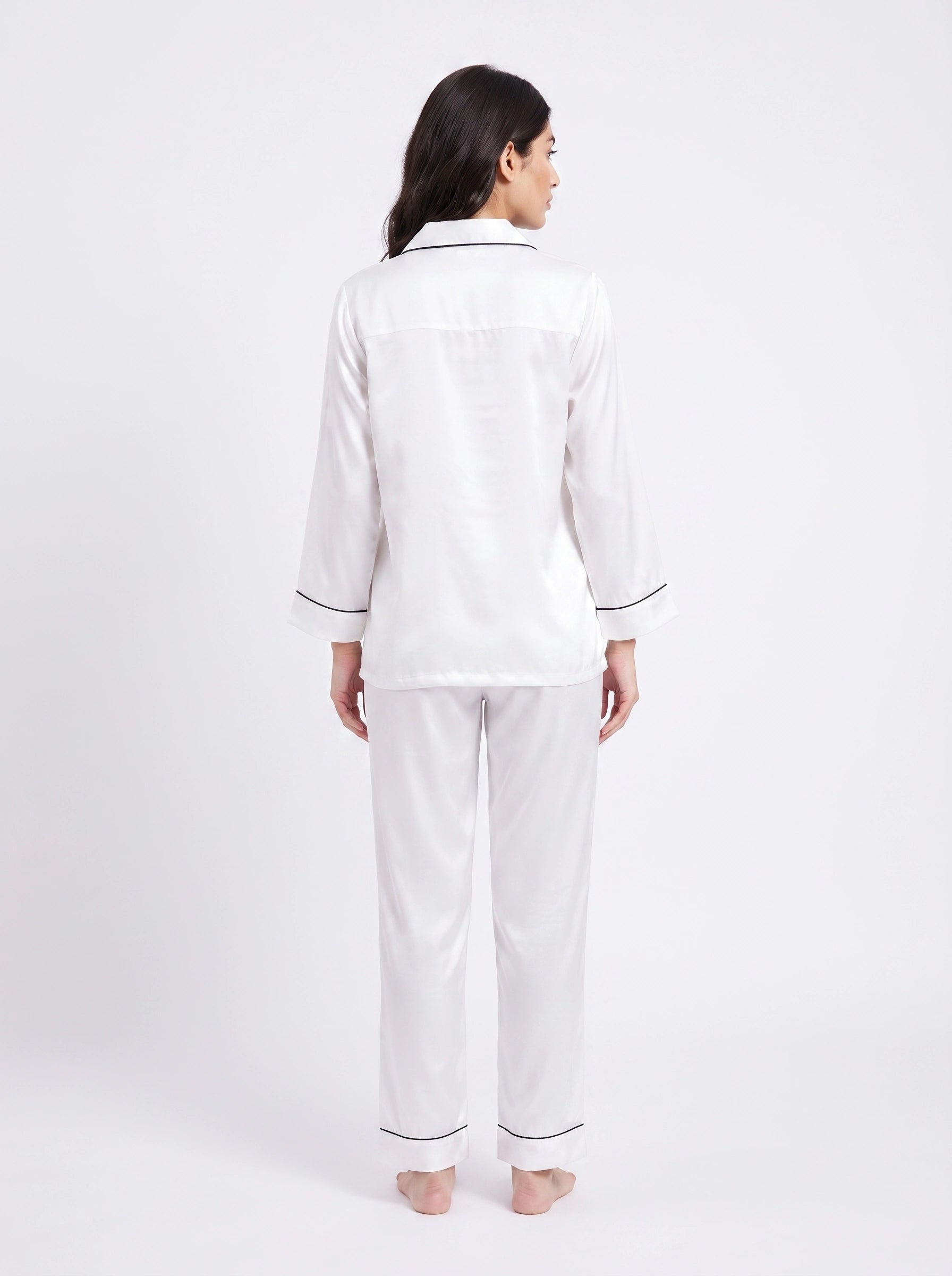Satin Silk Pajama Suit - Noir - White
