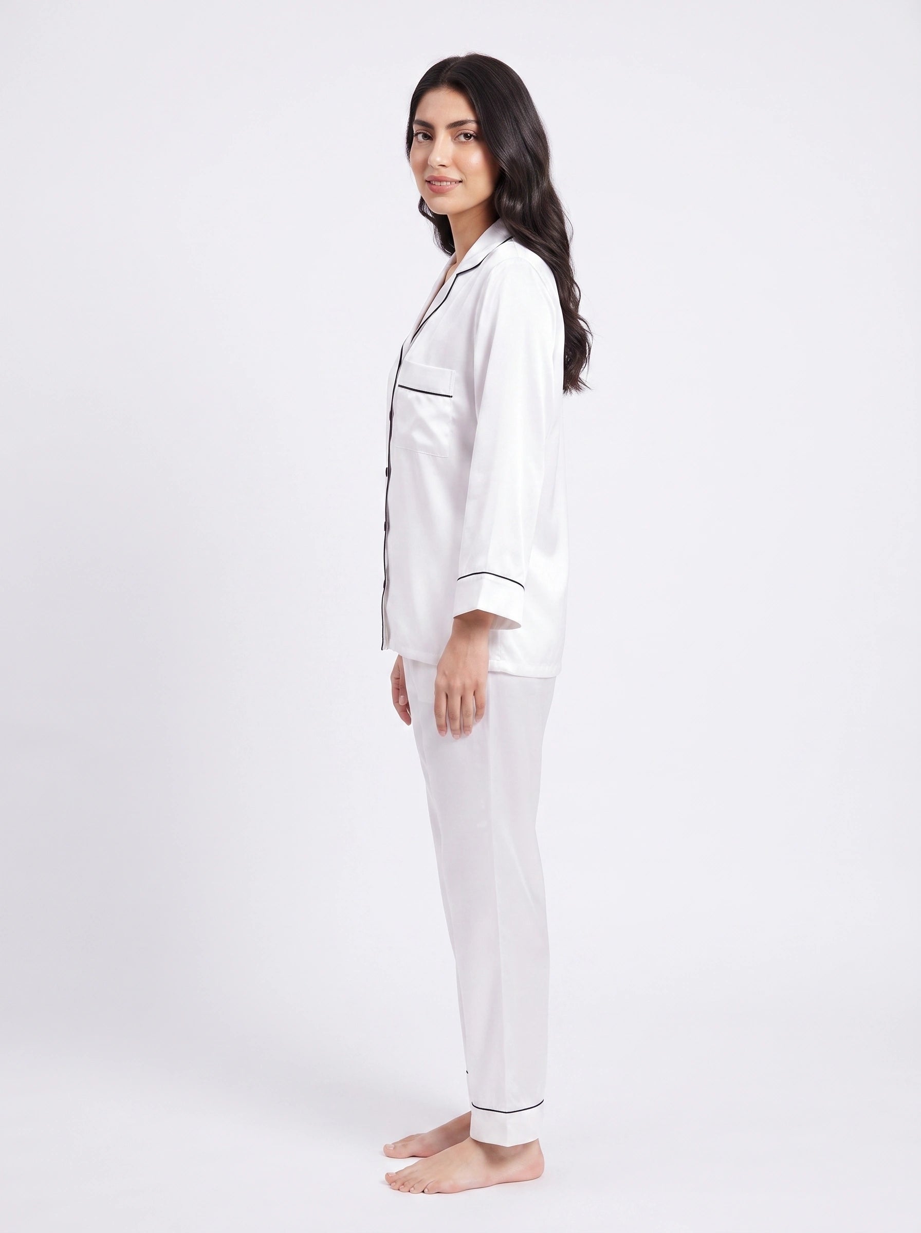 Satin Silk Pajama Suit - Noir - White