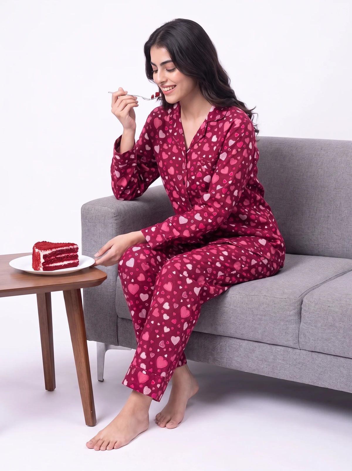 Linen PJ Set - Wine Hearts