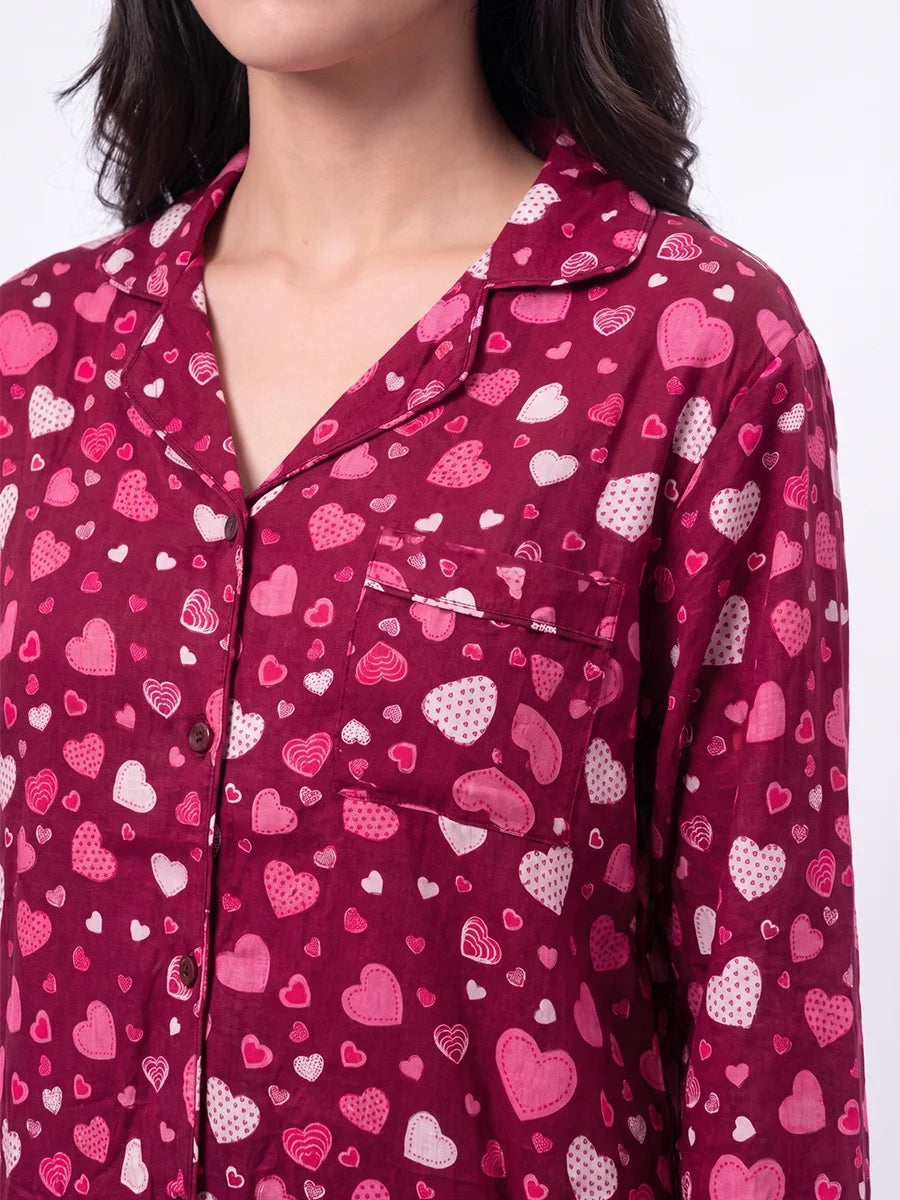 Linen PJ Set - Wine Hearts