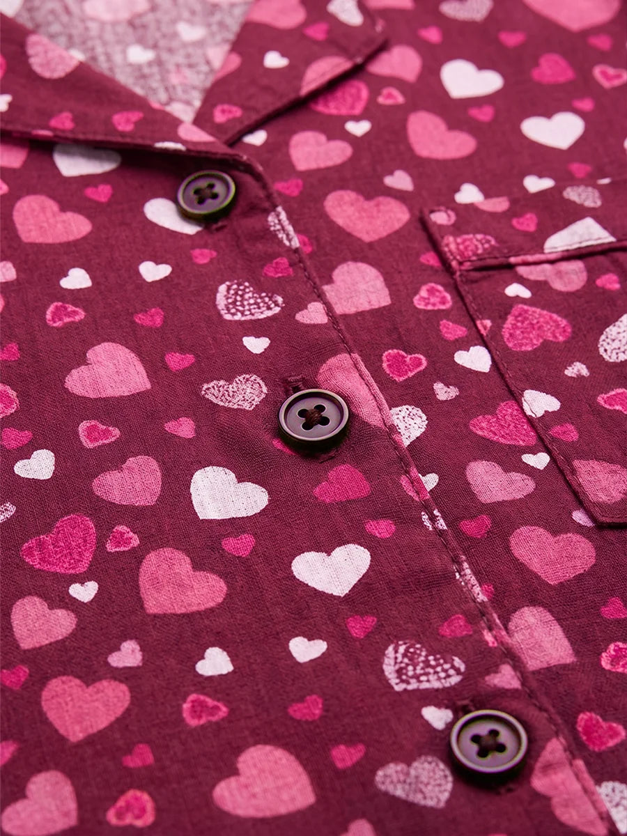 Linen PJ Set - Wine Hearts