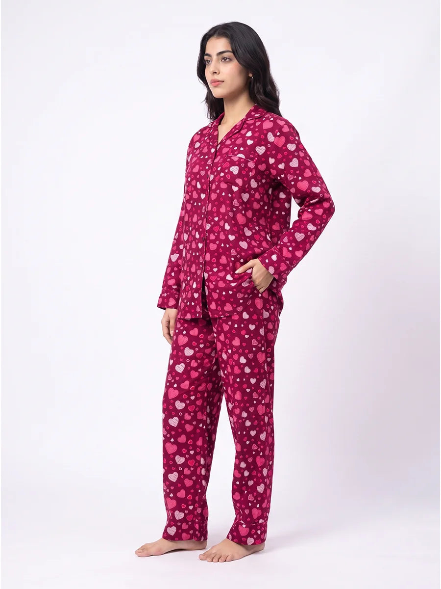 Linen PJ Set - Wine Hearts