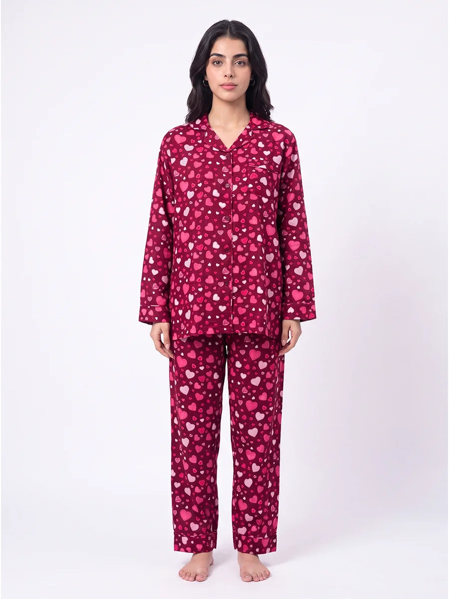 Linen PJ Set - Wine Hearts