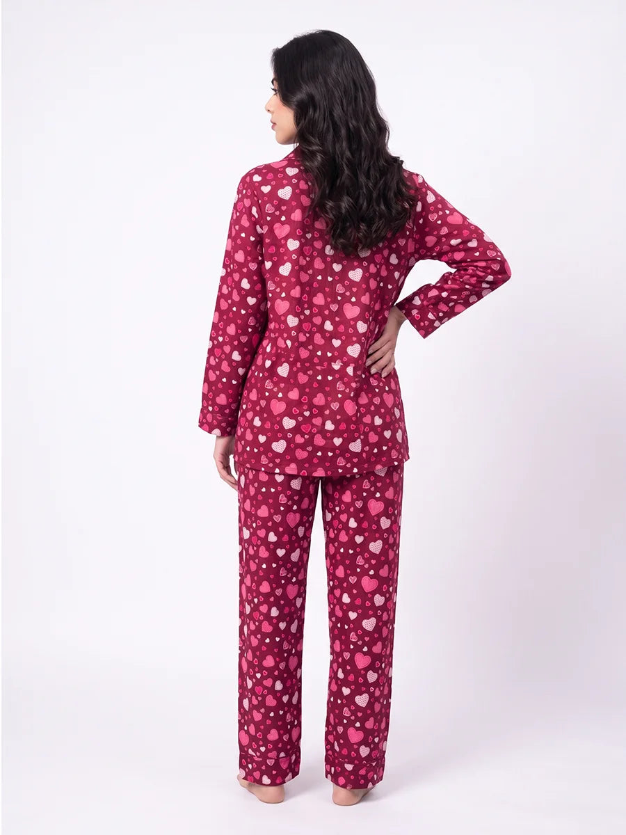 Linen PJ Set - Wine Hearts