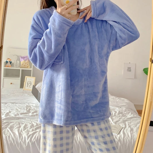 Fleece Long Sleeve Pajama Suit Soft Blue