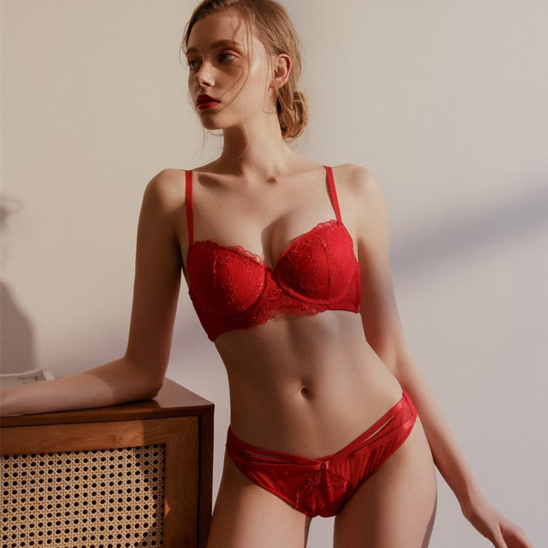French Padded Bra and Panty Set Red