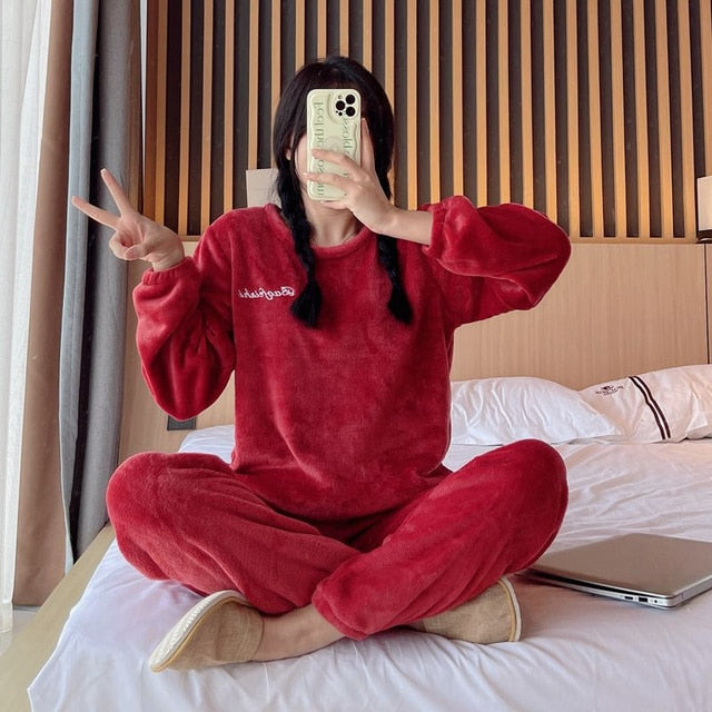 Fleece Long Sleeve Pajama Suit Carmine Red