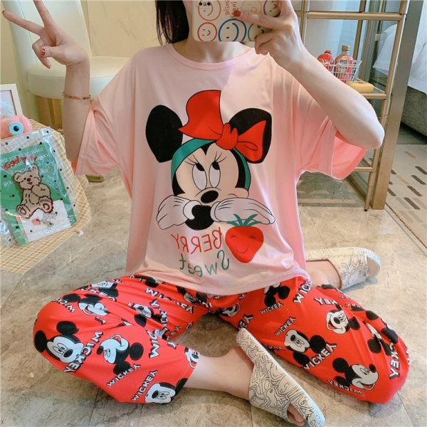 Cotton Printed Mickey Minnie Pajama suit Baby pink